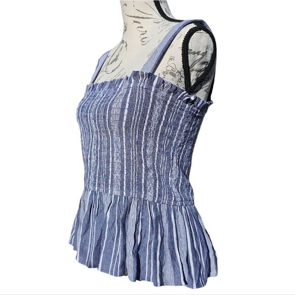 LOFT -241 NWT Blue White Striped Smocked Peplum Tank Top Blouse Women's Medium - Picture 4 of 9